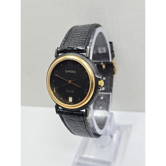 Vintage Womens Chrona Swiss Date 33mm Dress Watch New Battery Black Dial Leather main image 10
